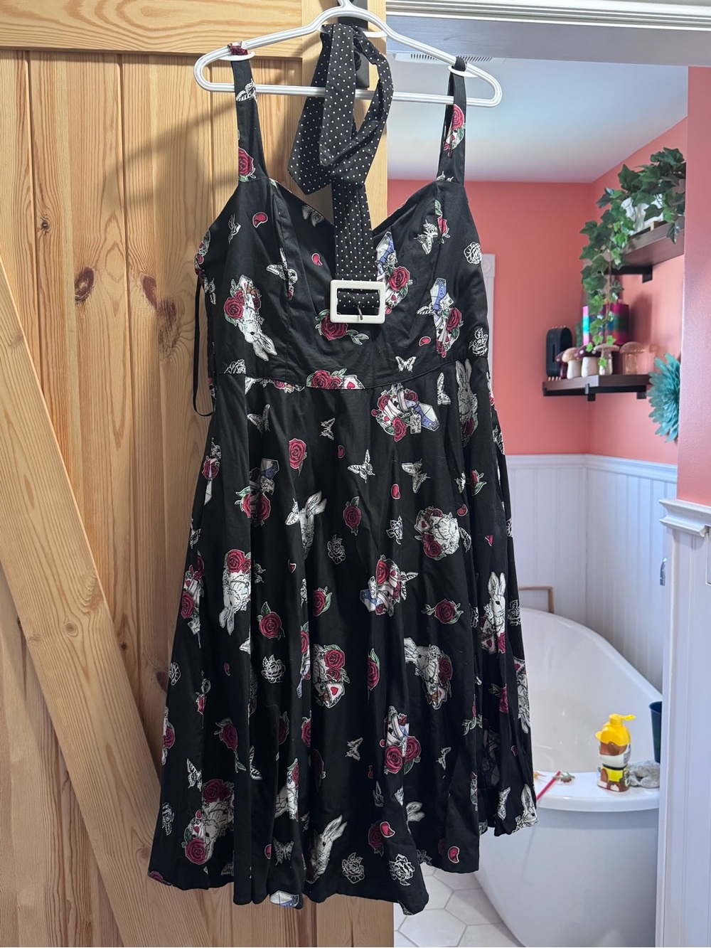 Black Floral Halter Swing Dress with Rose Print